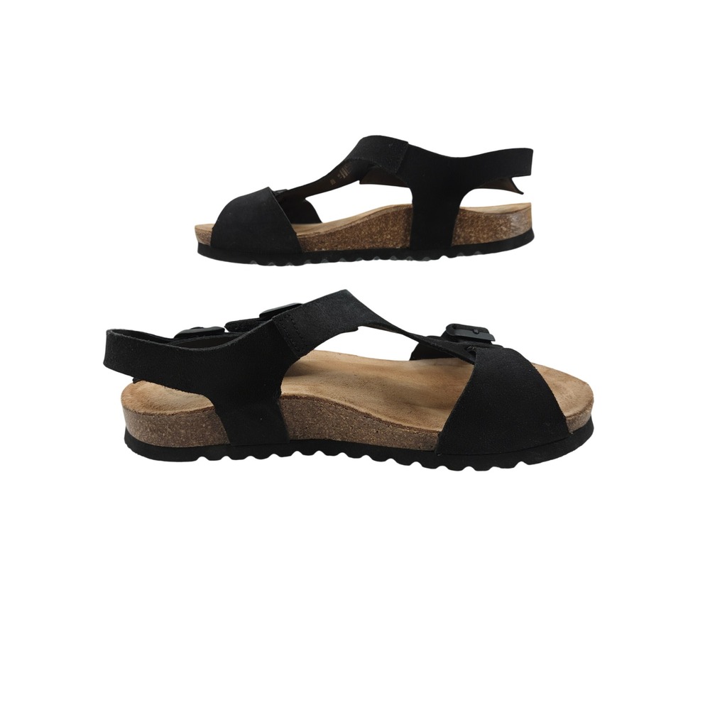 Taos Women MVP Black Suede Sandal Cork Footbed Slingback Sandals Spain Size 7